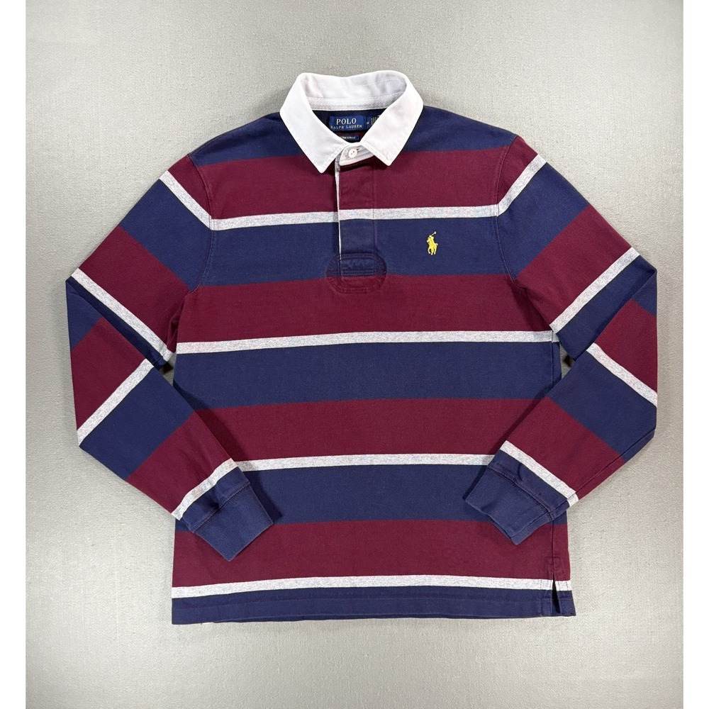 Polo Ralph Lauren Men's Long Sleeve Striped Rugby Size M Navy Gray Burgundy Slim